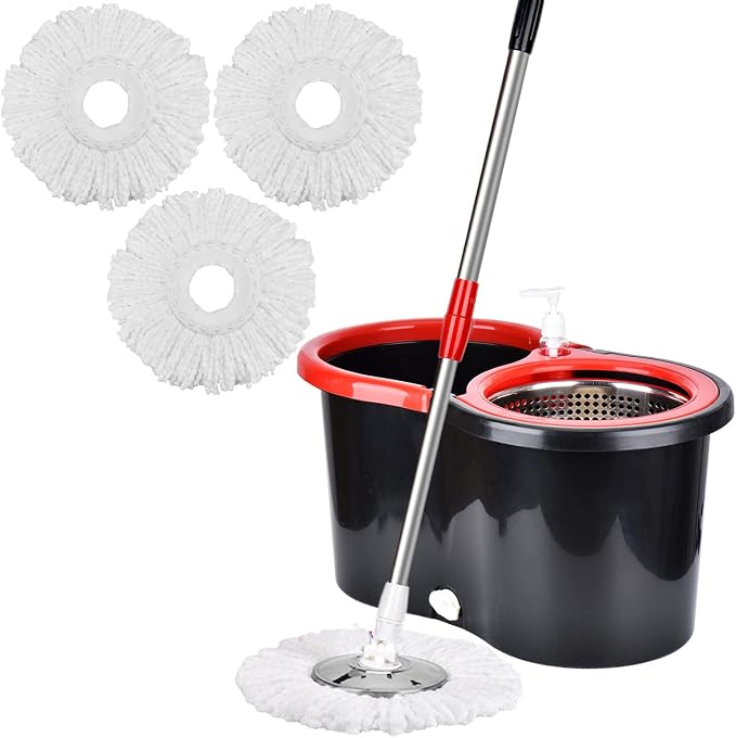 Juego de Mop giratorio y cubeta con exprimidor, 3 cabezales de microfibra y botella para jabón