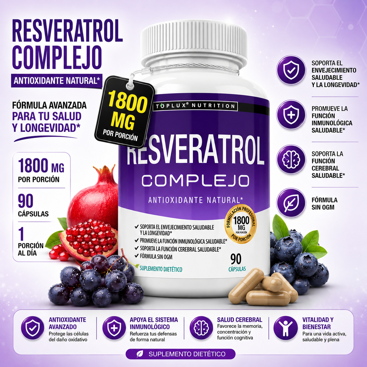 Resveratrol 1800mg - Bienestar, Energía y Anti-Edad | El Antioxidante Natural Más Buscado