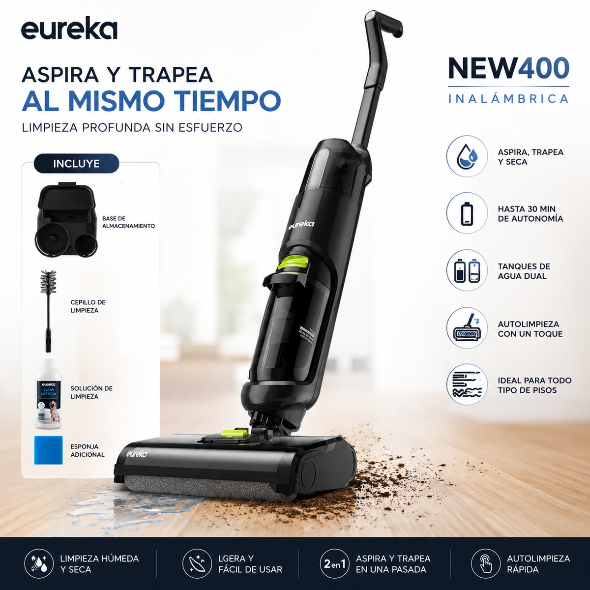 EUREKA - Aspiradora Inalámbrica 2 en 1 Blanca | Superligera y Portátil