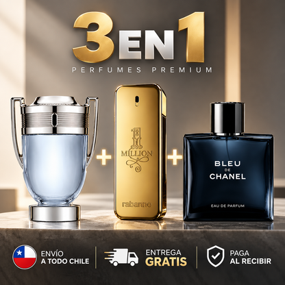 KIT DE 3 PERFUMES PRIMIUM DE 100ML cada uno | Invictus + 1 Million + Bleu de Chanel