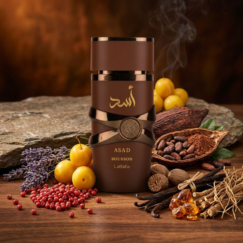 Lattafa Asad Bourbon con sus notas: pimienta rosa, lavanda, ciruela, cacao, nuez moscada, vainilla, ámbar y vetiver